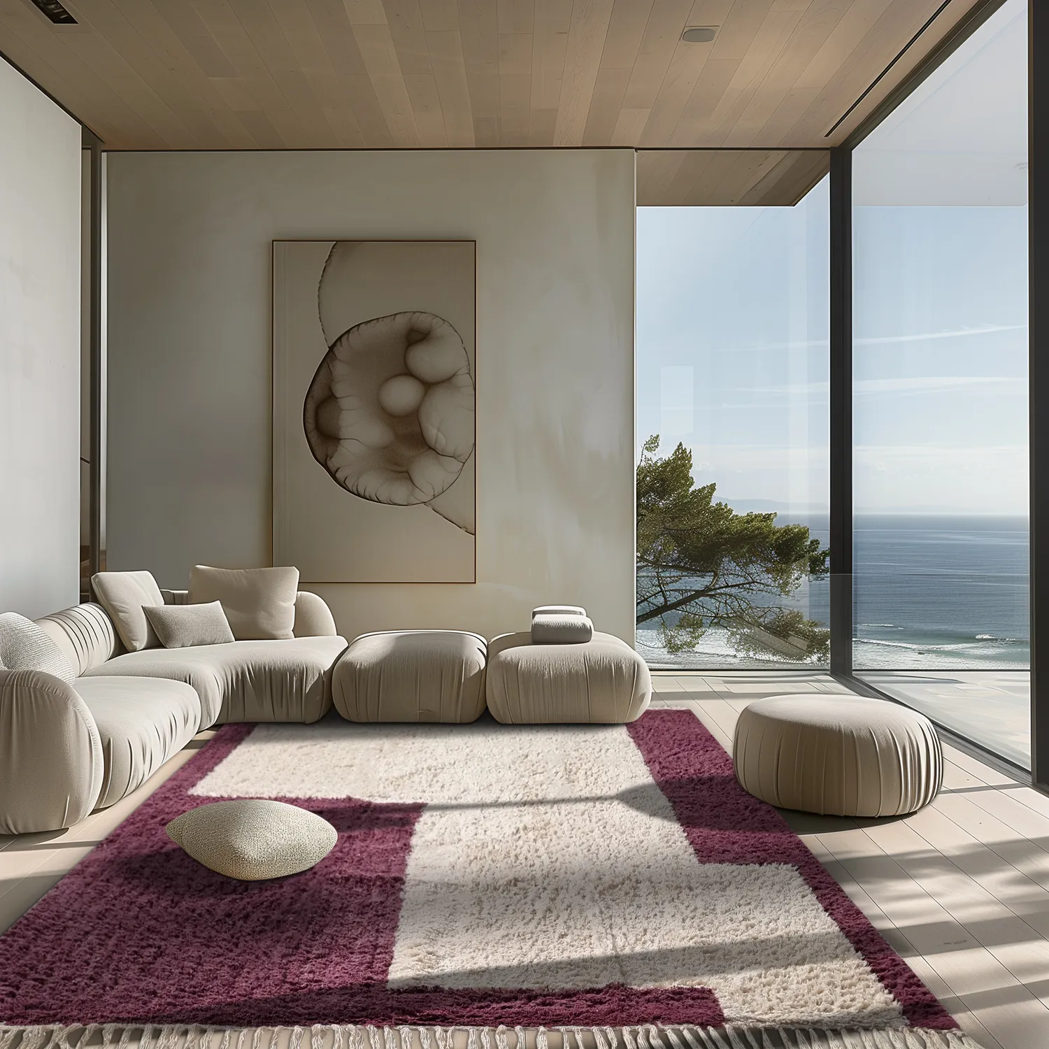 Ryatæpper - Ricco Natural Cotton Shaggy (offwhite/bordeaux)