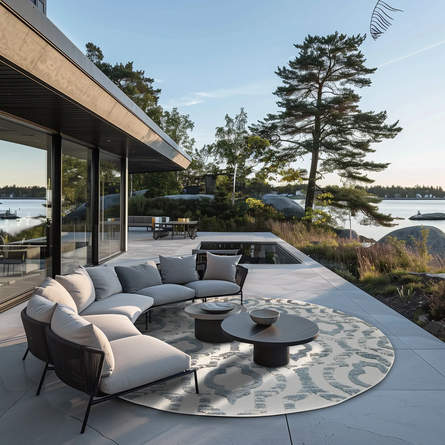 Runde tæpper - Indoor/Outdoor Trenton (hvid/blå)