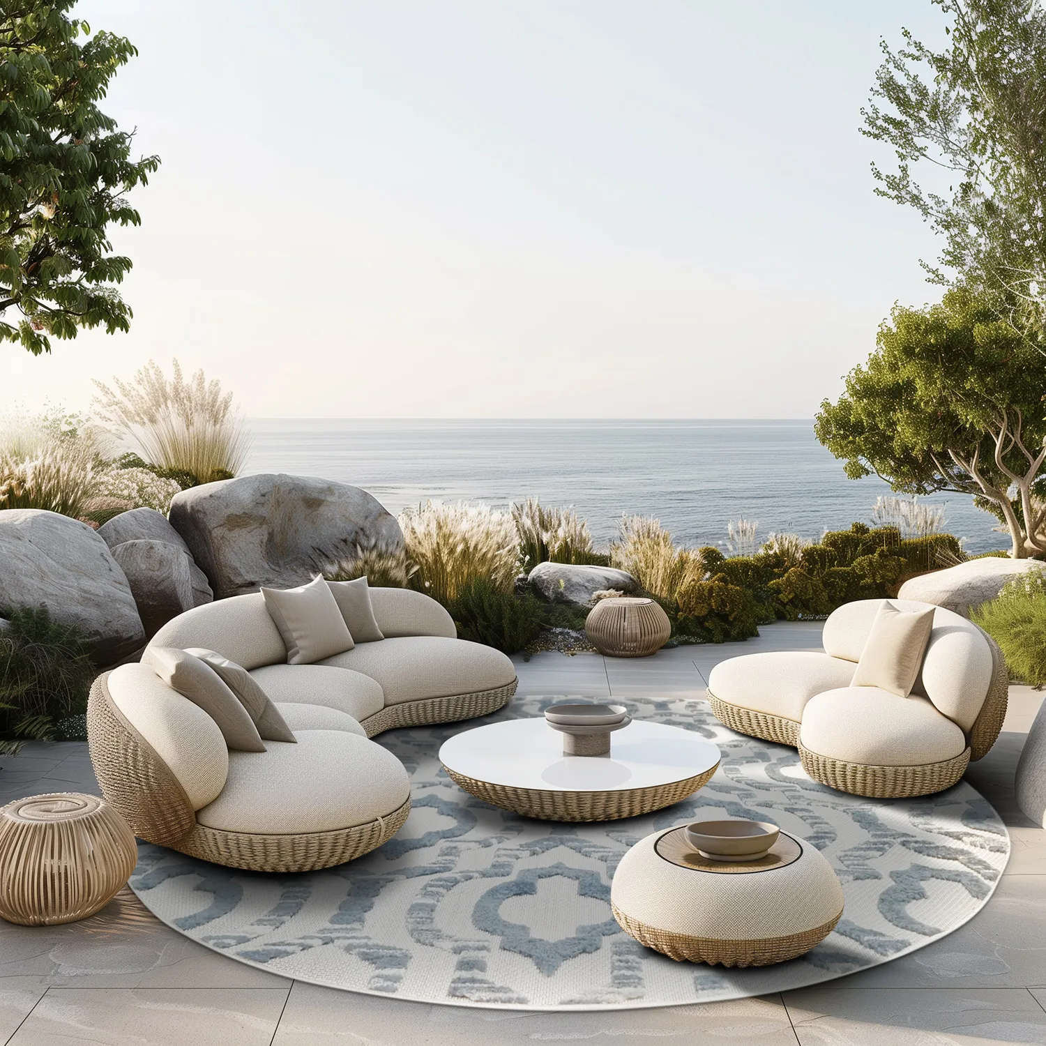 Runde tæpper - Indoor/Outdoor Trenton (hvid/blå)