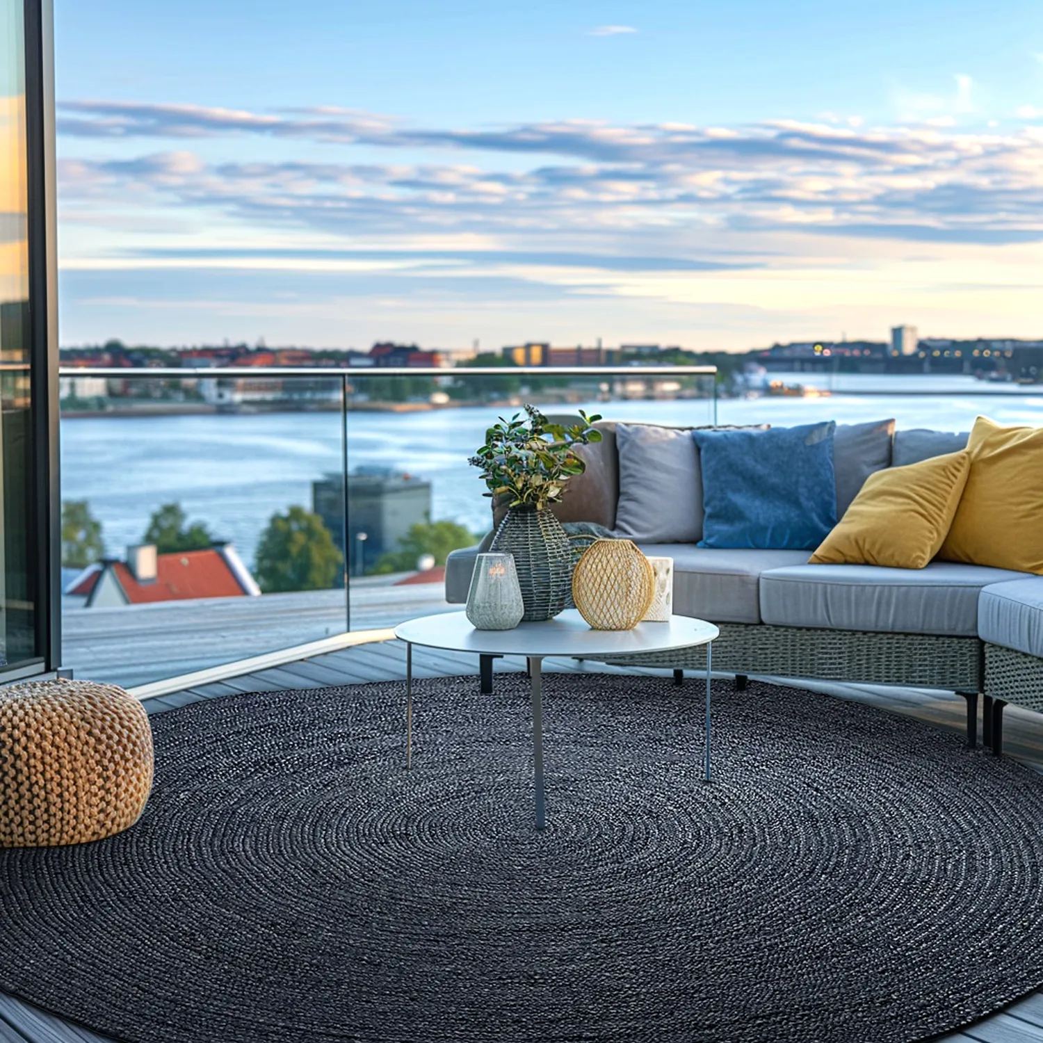 Rund jutetæppe - Amasia (mørkeblå)