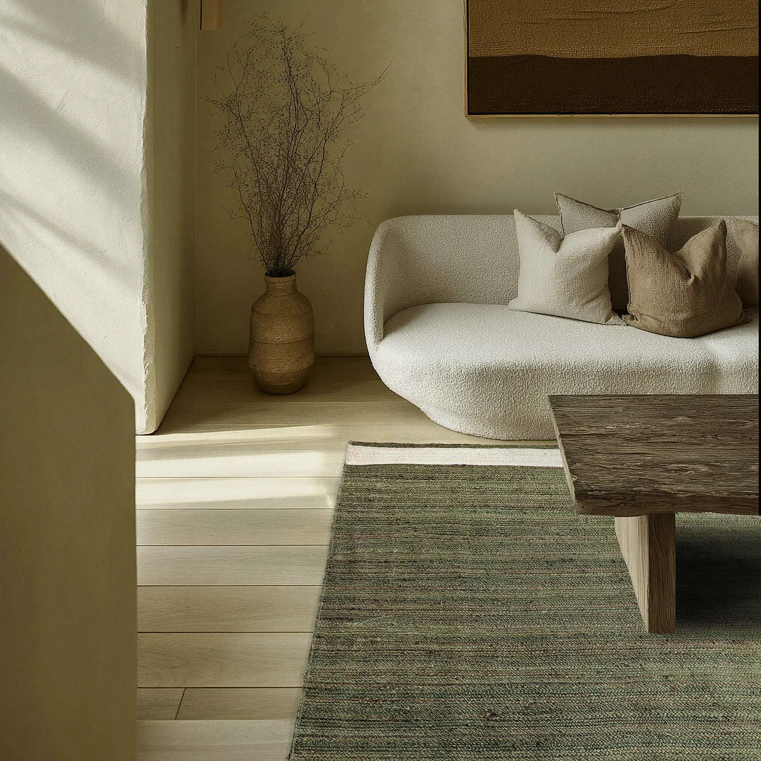 Jutetæppe - Senaki (militærgrøn/hvid)