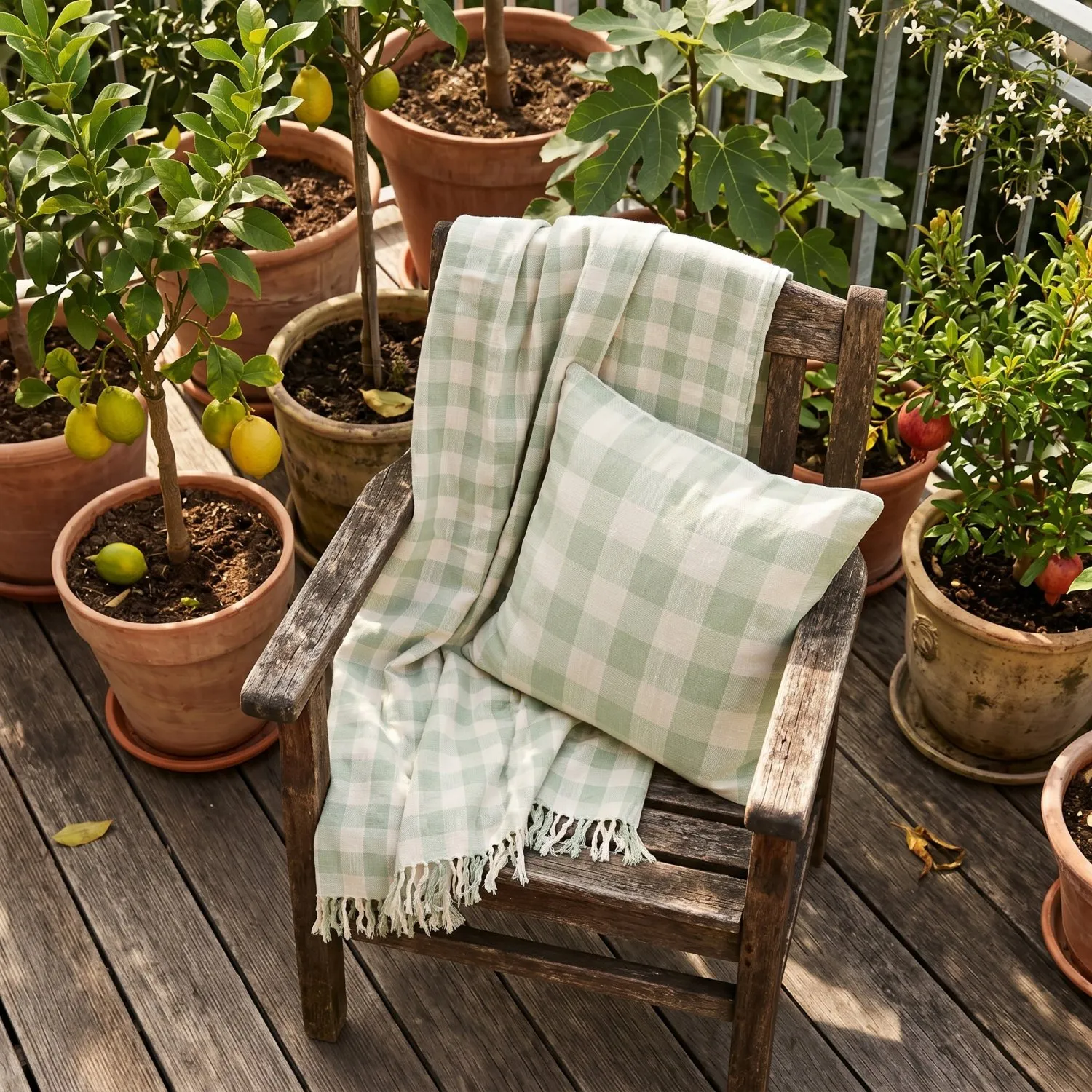 Pudebetræk - Isela check cotton cushion cover (creme/lysegrøn)
