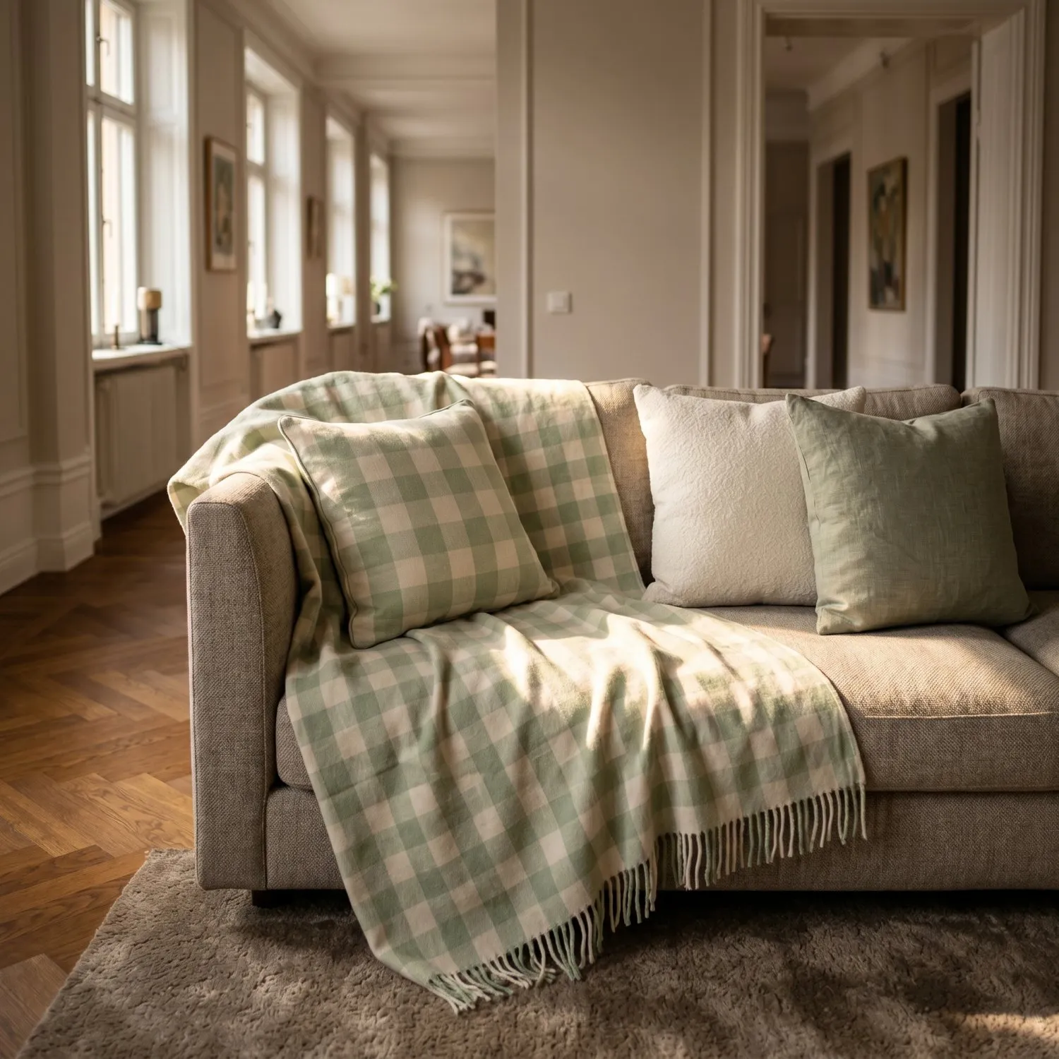 Pudebetræk - Isela check cotton cushion cover (creme/lysegrøn)