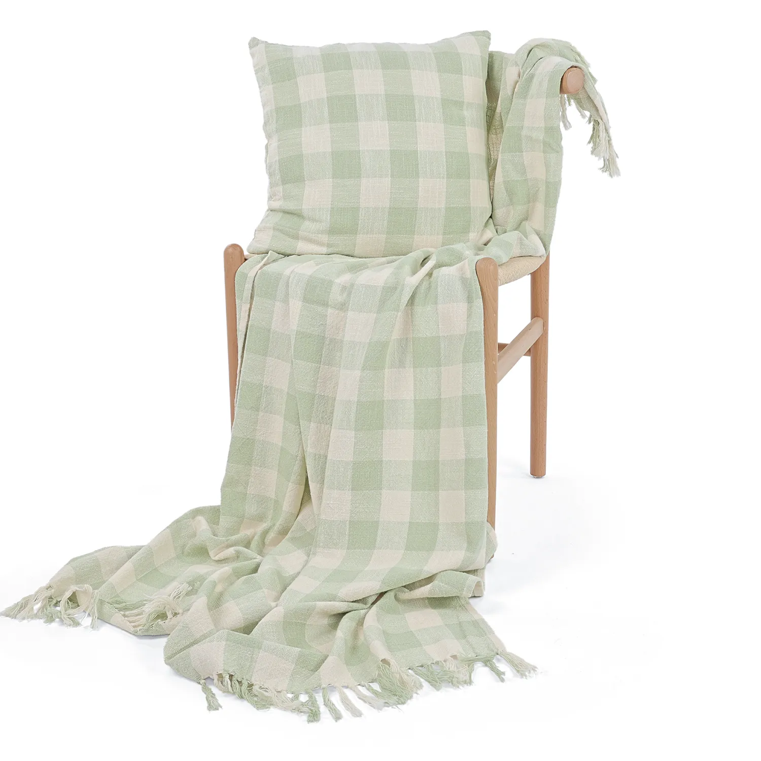 Pudebetræk - Isela check cotton cushion cover (creme/lysegrøn)