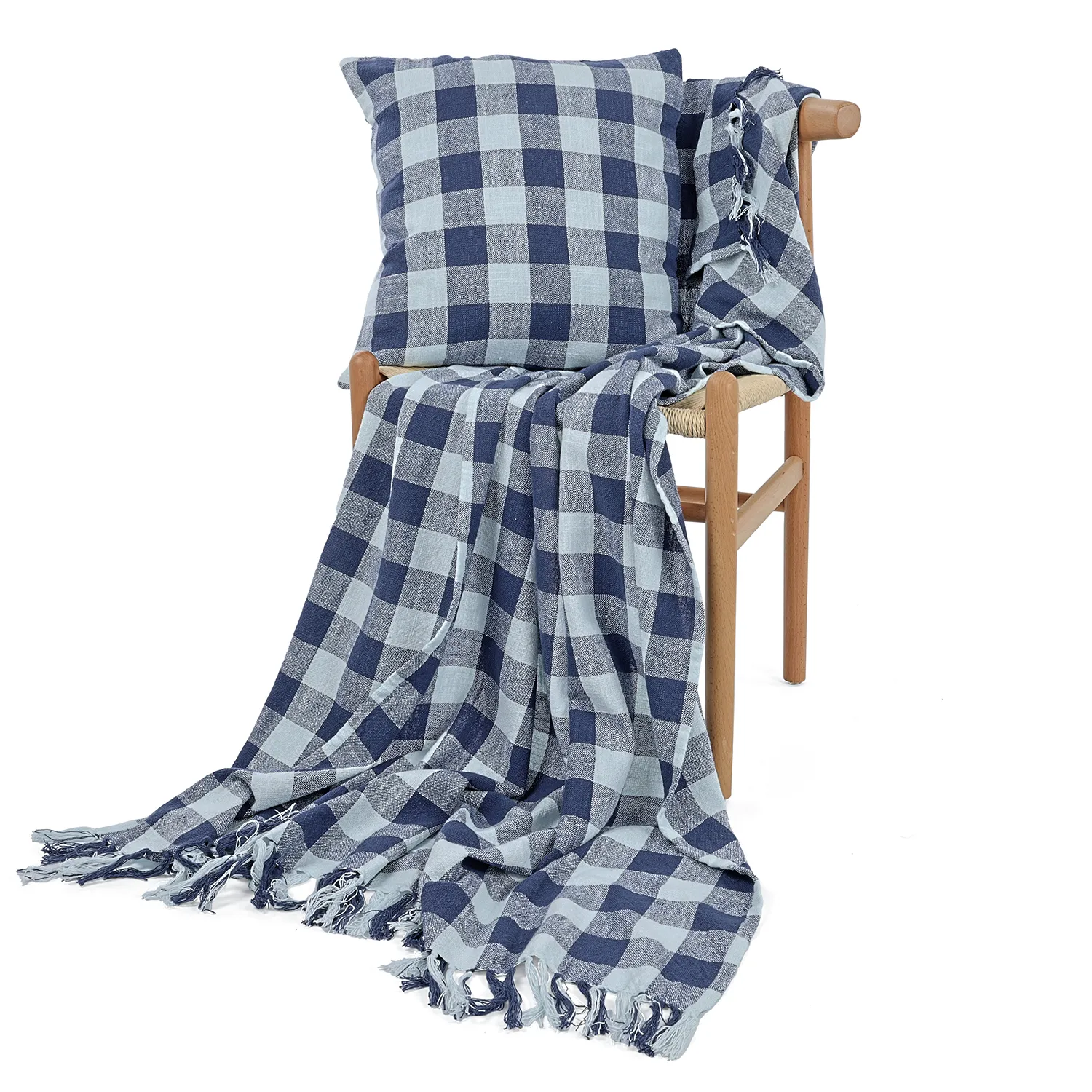 Pudebetræk - Isela check cotton cushion cover (marineblå/lyseblå)