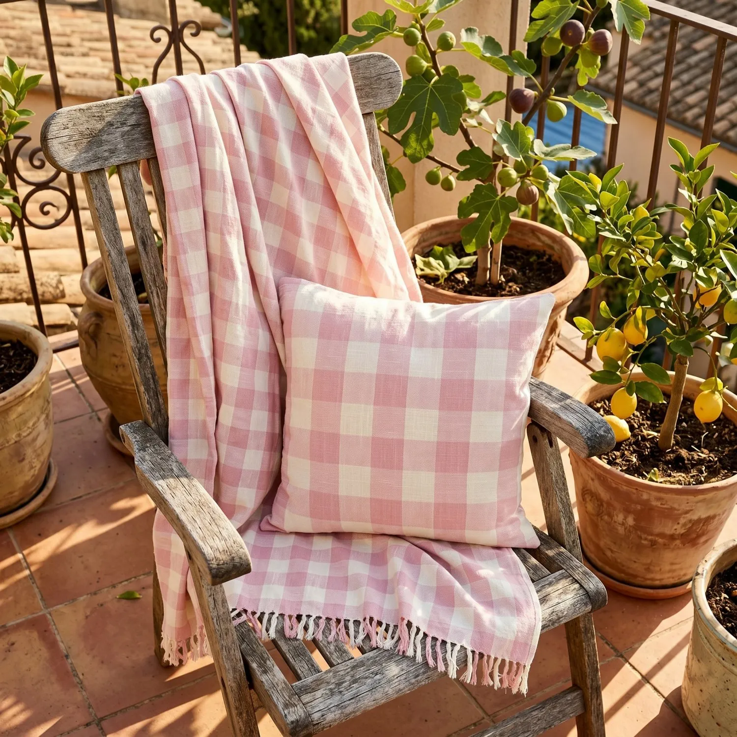 Plaid - Isela check cotton throw (creme/lyserød)