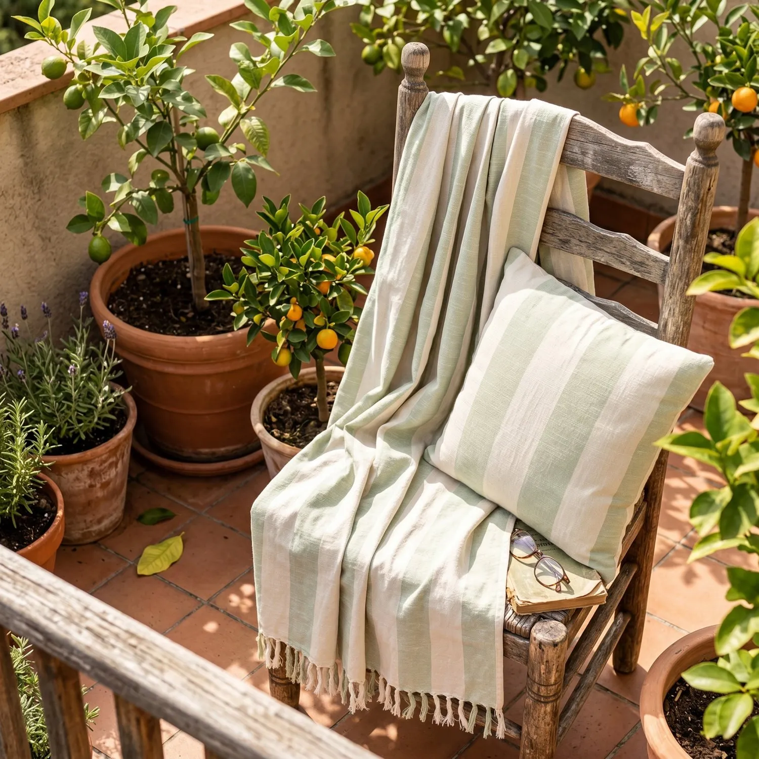 Pudebetræk - Kora stripe cotton cushion cover (creme/lysegrøn)