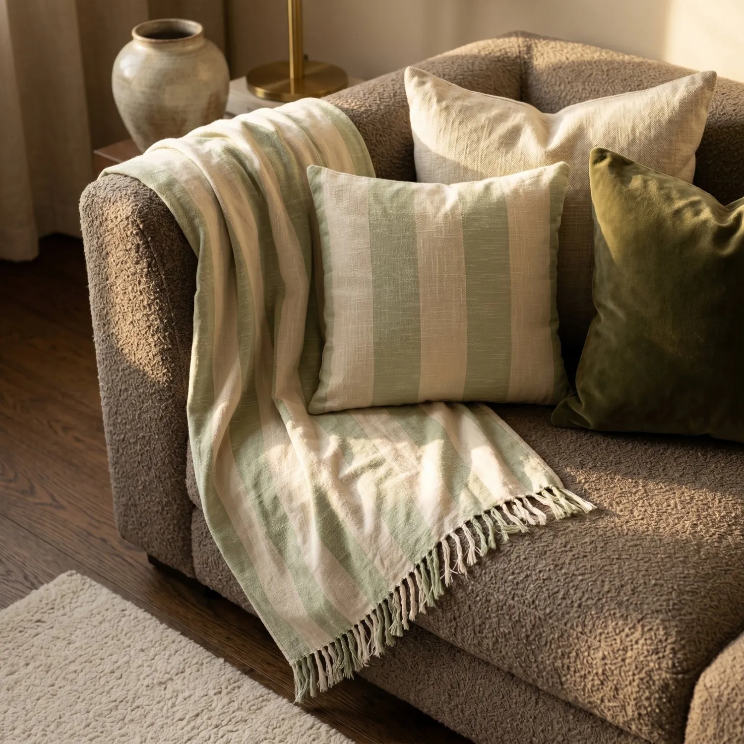 Pudebetræk - Kora stripe cotton cushion cover (creme/lysegrøn)