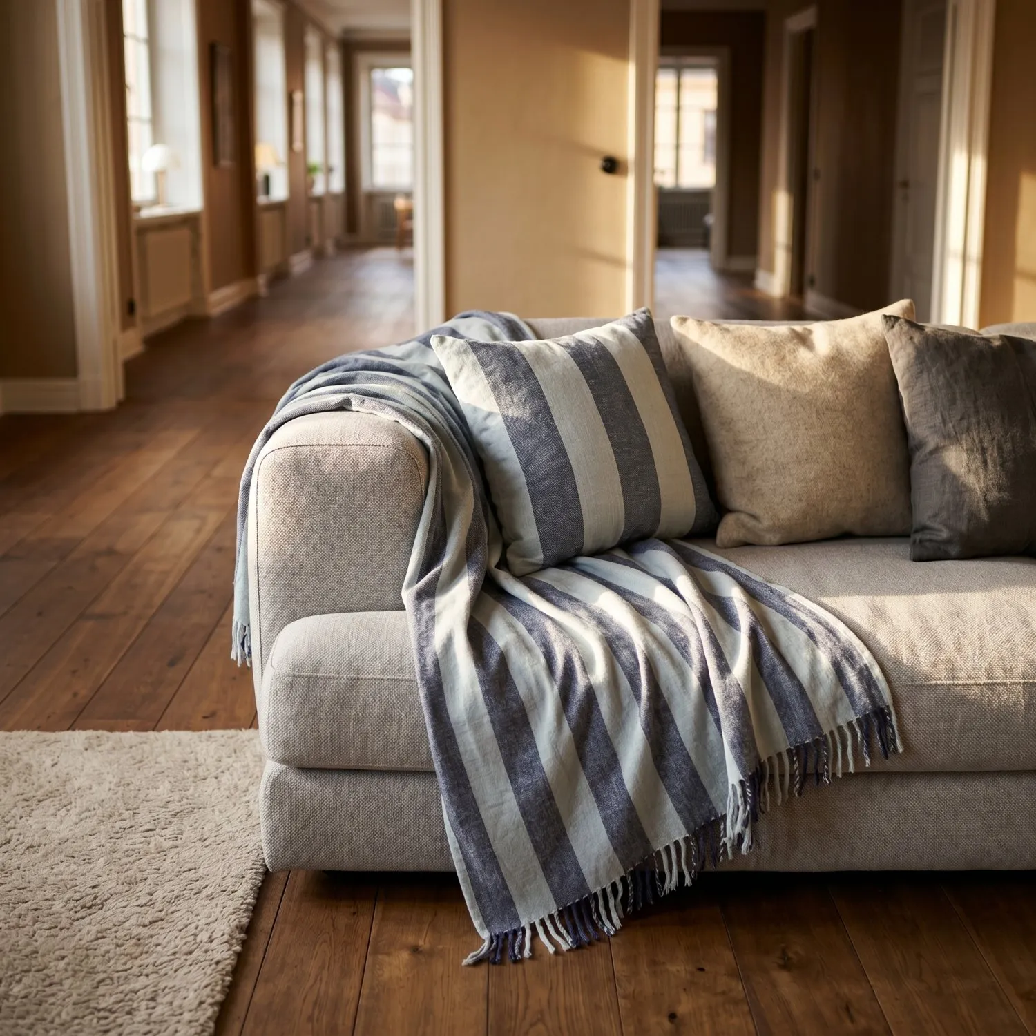 Pudebetræk - Kora stripe cotton cushion cover (marineblå/lyseblå)
