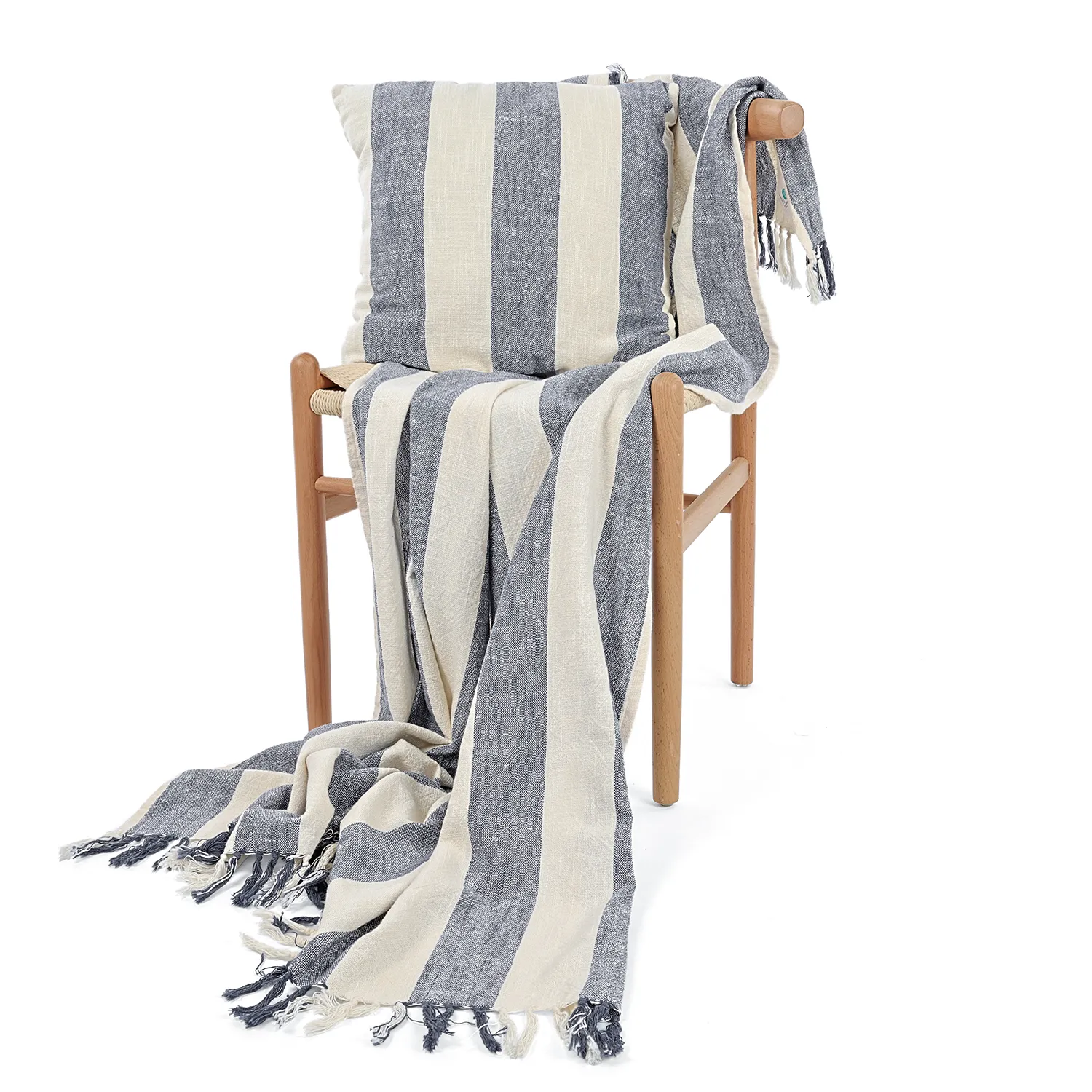 Pudebetræk - Kora stripe cotton cushion cover (creme/marineblå)