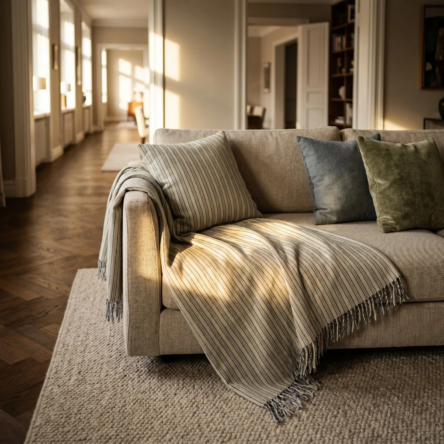 Pudebetræk - Rumi stripe cotton cushion cover (creme/marineblå/lysegrøn)