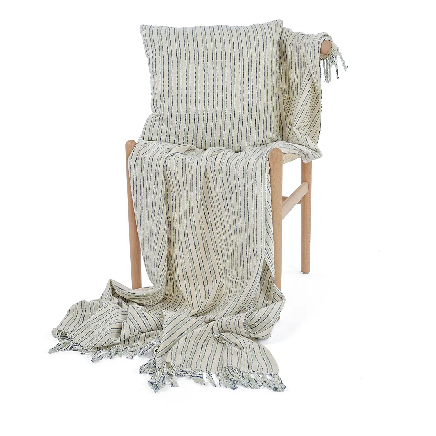 Pudebetræk - Rumi stripe cotton cushion cover (creme/marineblå/lysegrøn)
