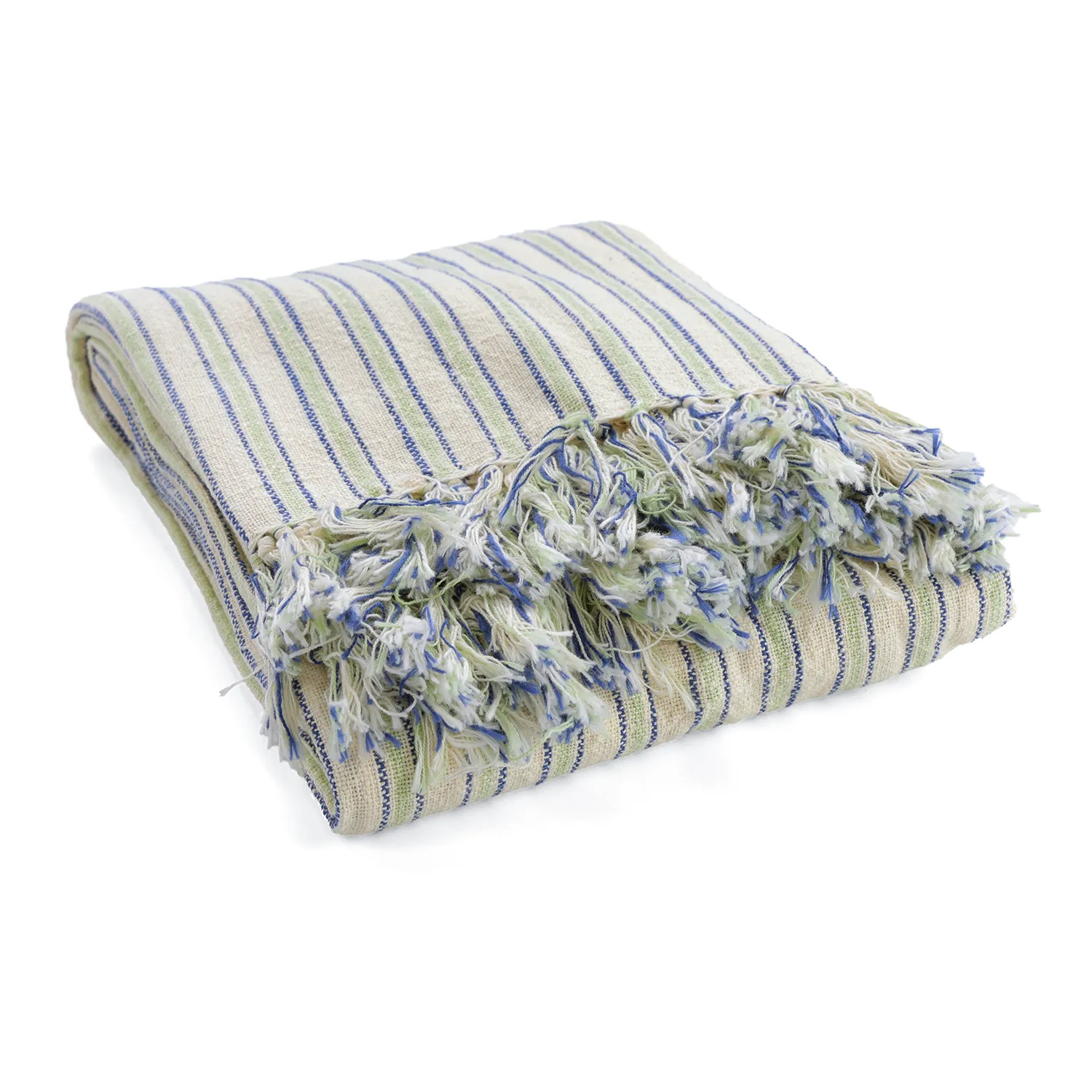 Plaid - Rumi stripe cotton throw (creme/marineblå/lysegrøn)