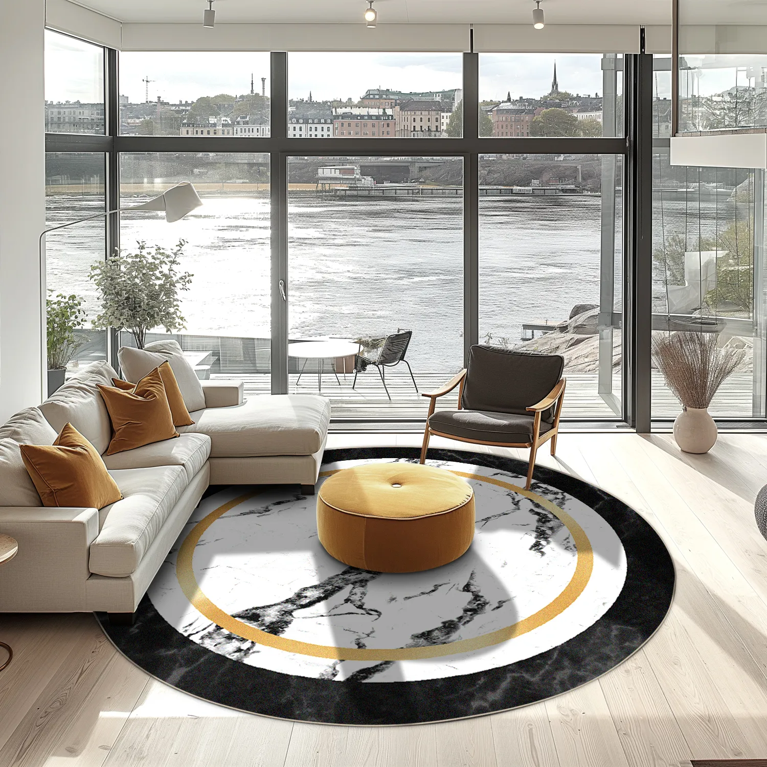 Rundt tæppe - Avola (sort/hvid/guld)