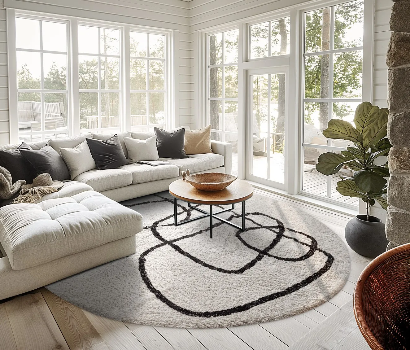 Runde tæpper - Bavello Natural Cotton Shaggy (offwhite/sort)