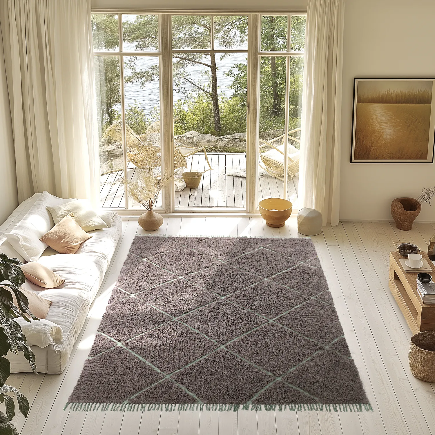 Ryatæpper - Bellevue Natural Cotton Shaggy (taupe/grøn)