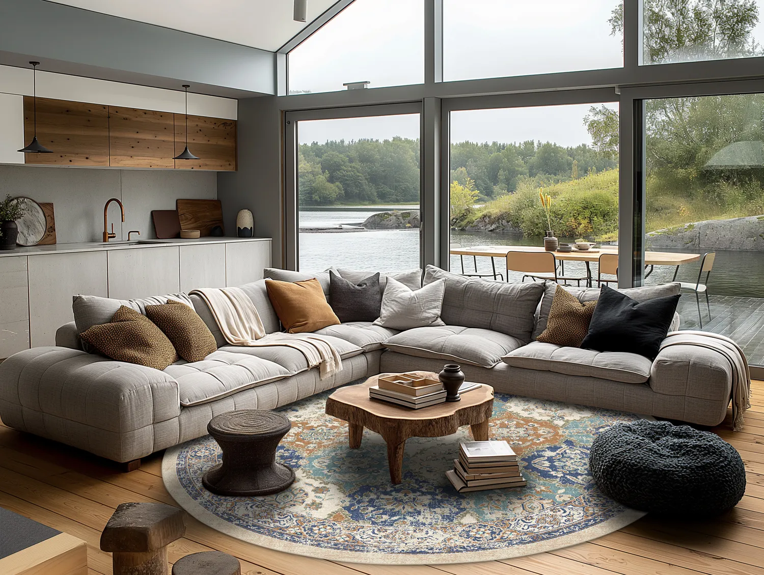 Rundt tæppe - Bohemia (blå/multi)