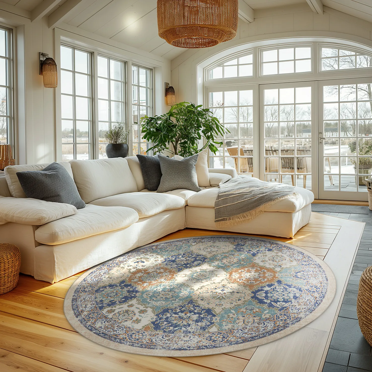 Rundt tæppe - Bohemia (blå/multi)