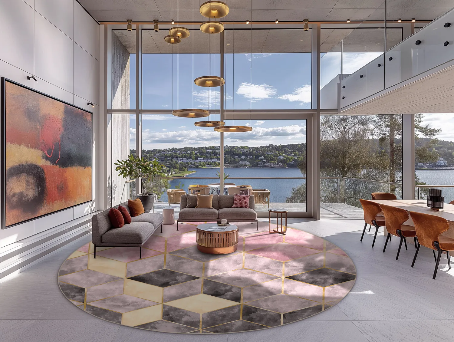 Rundt tæppe - Brendola (lyserød/grå/guld)