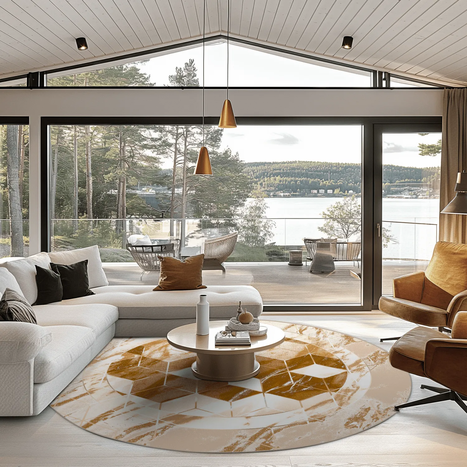 Rundt tæppe - Castello (beige/hvid)