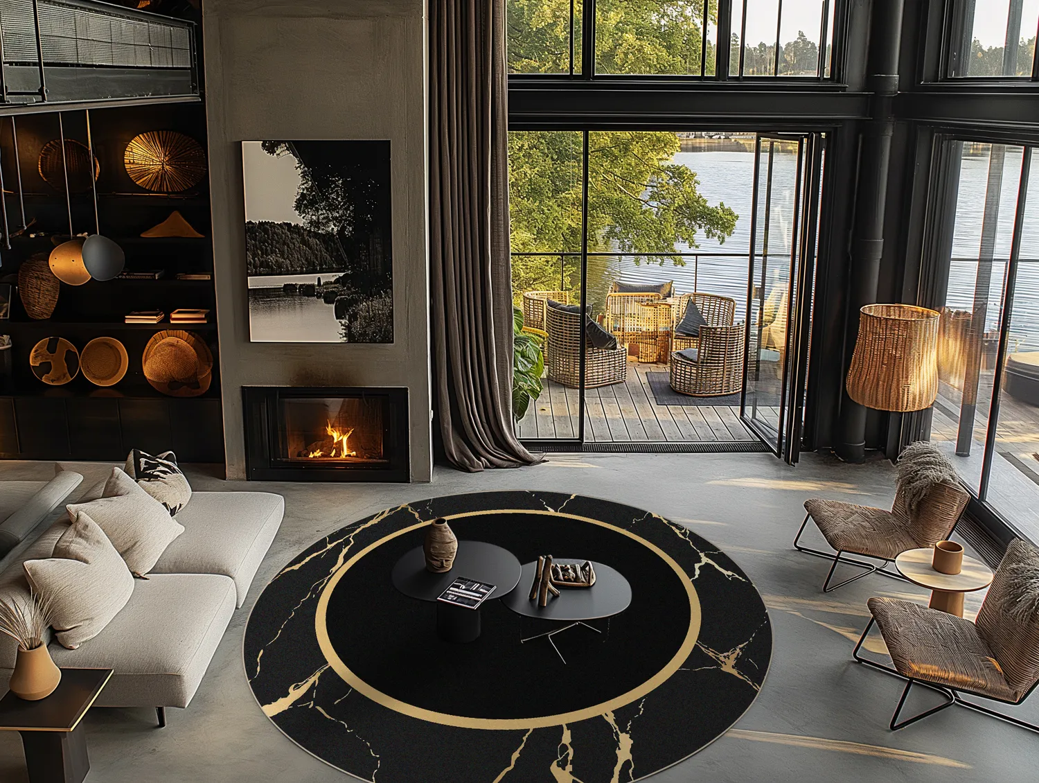 Rundt tæppe - Cerasia (sort/guld)