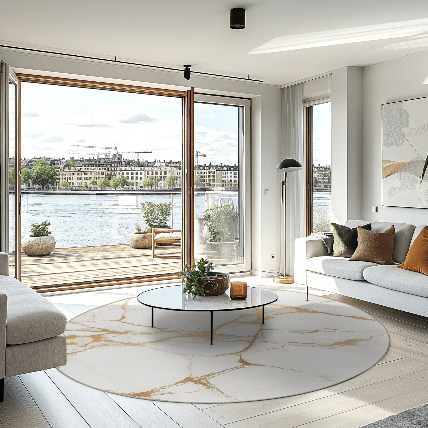 Rundt tæppe - Cesina (stone/hvid/guld)