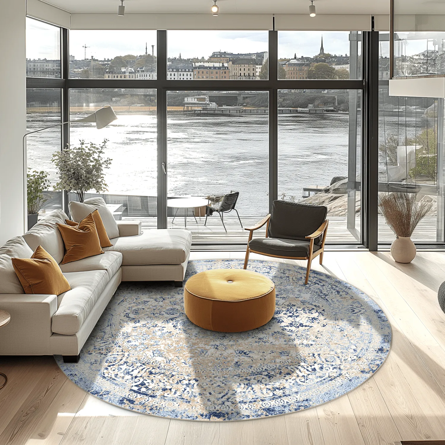 Rundt tæppe - Denizli (blå)