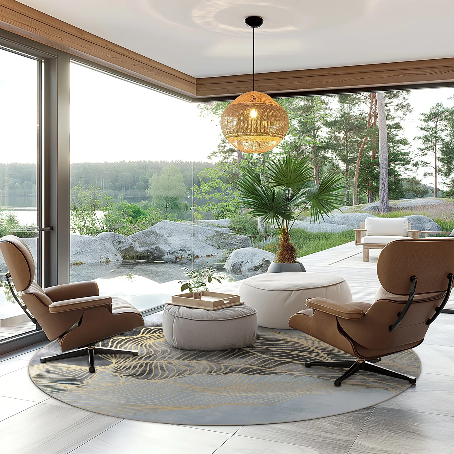 Rundt tæppe - Ekual (blå/grå/guld)