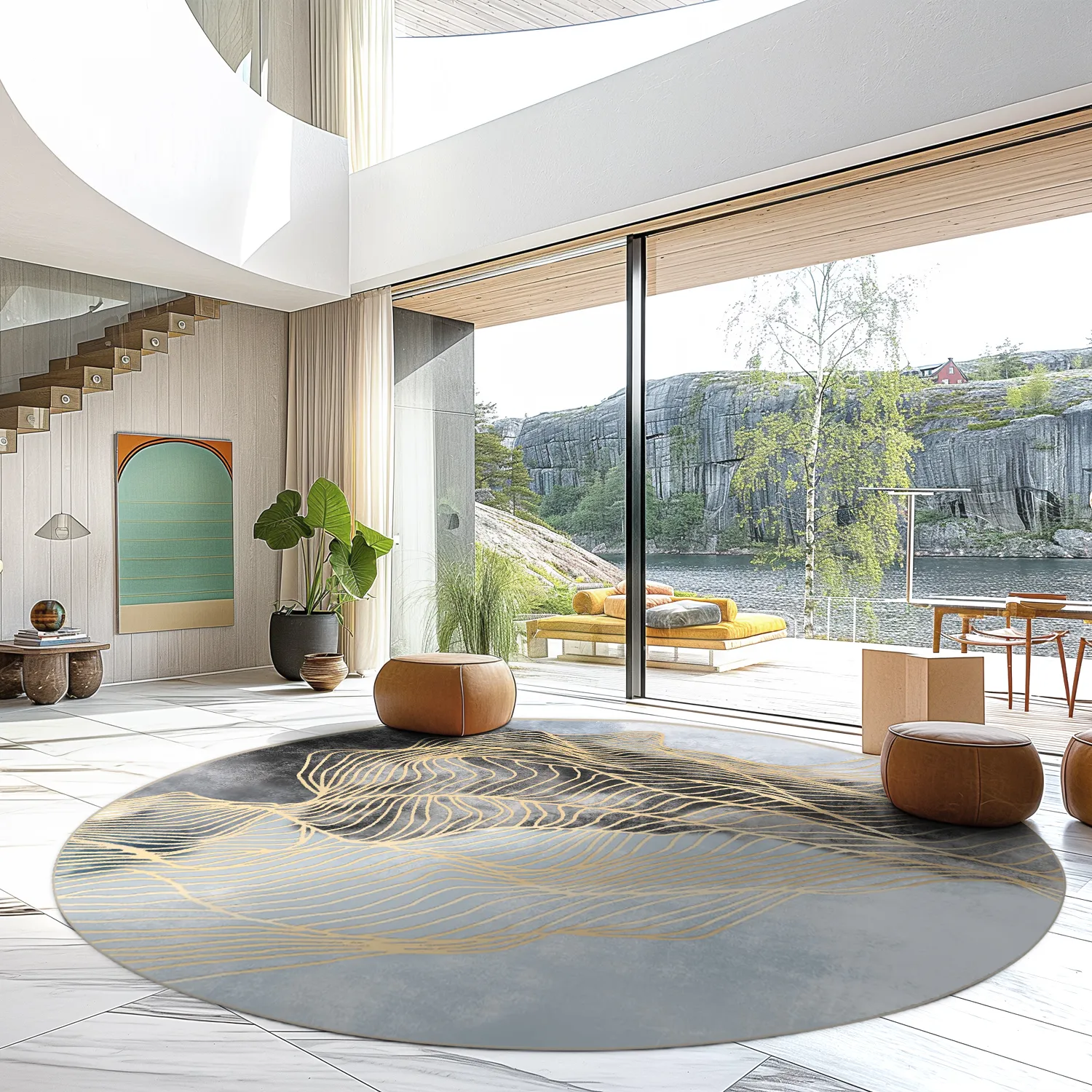 Rundt tæppe - Ekual (blå/grå/guld)