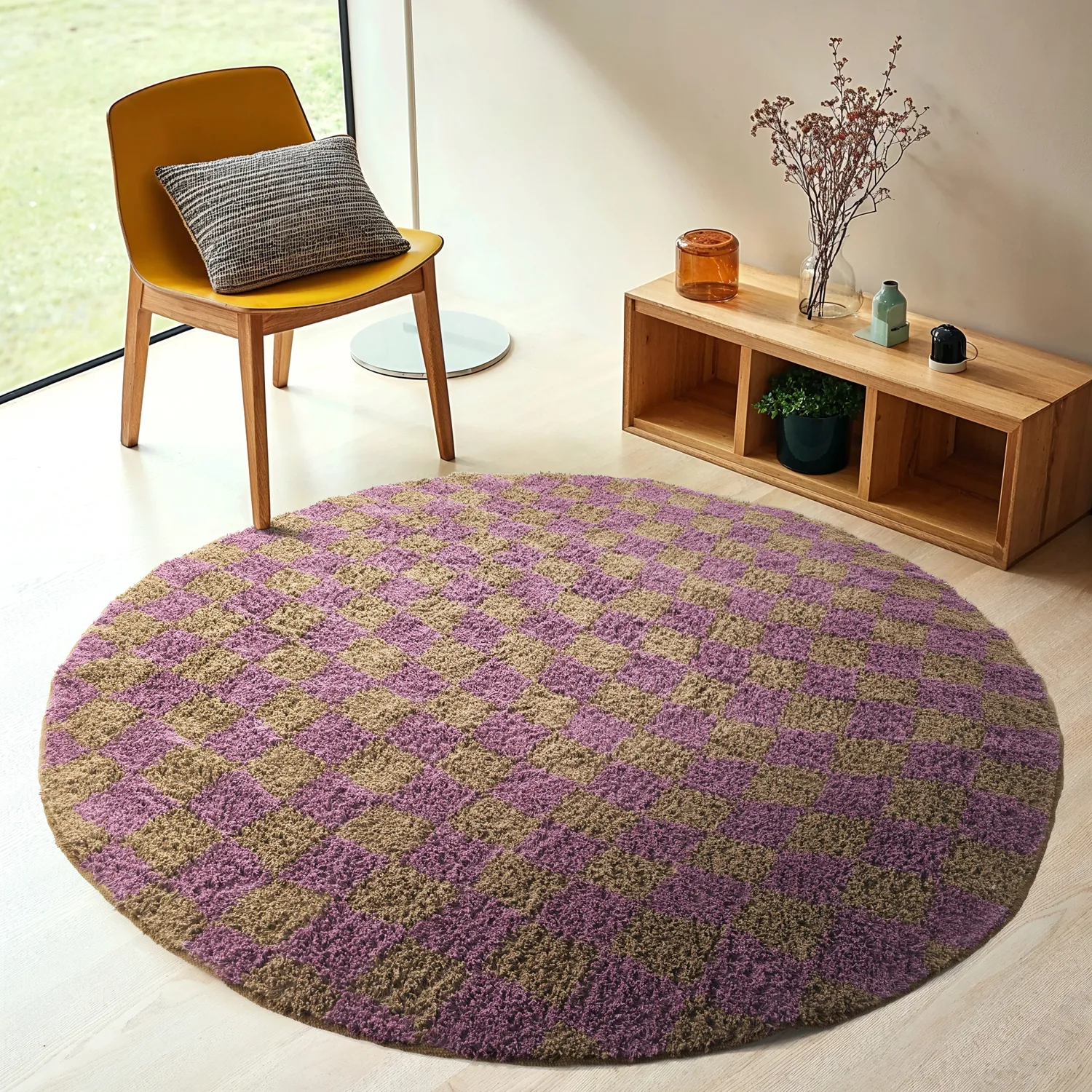 Runde tæpper - Elsey Natural Cotton Shaggy (brun/lilla)