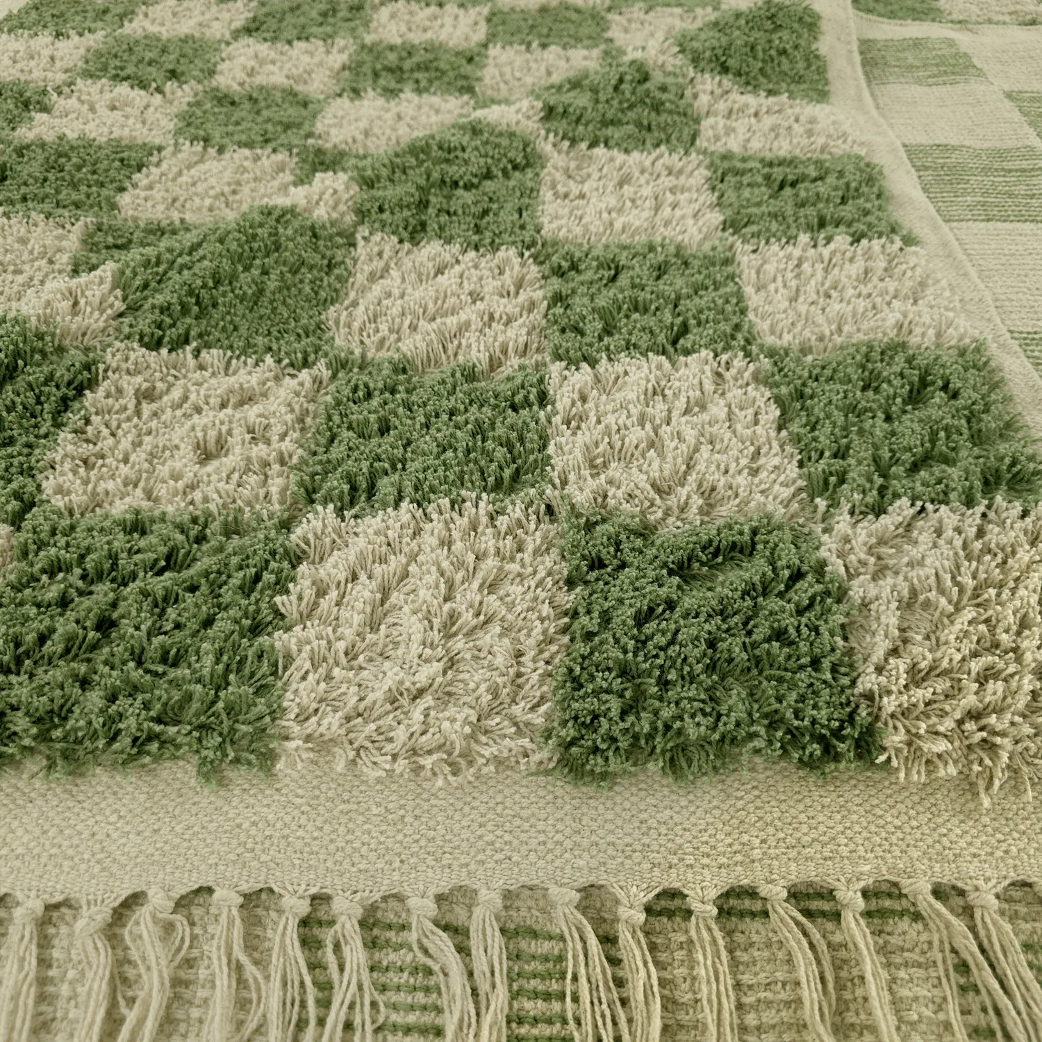 Ryatæpper - Elsey Natural Cotton Shaggy (grøn/beige)