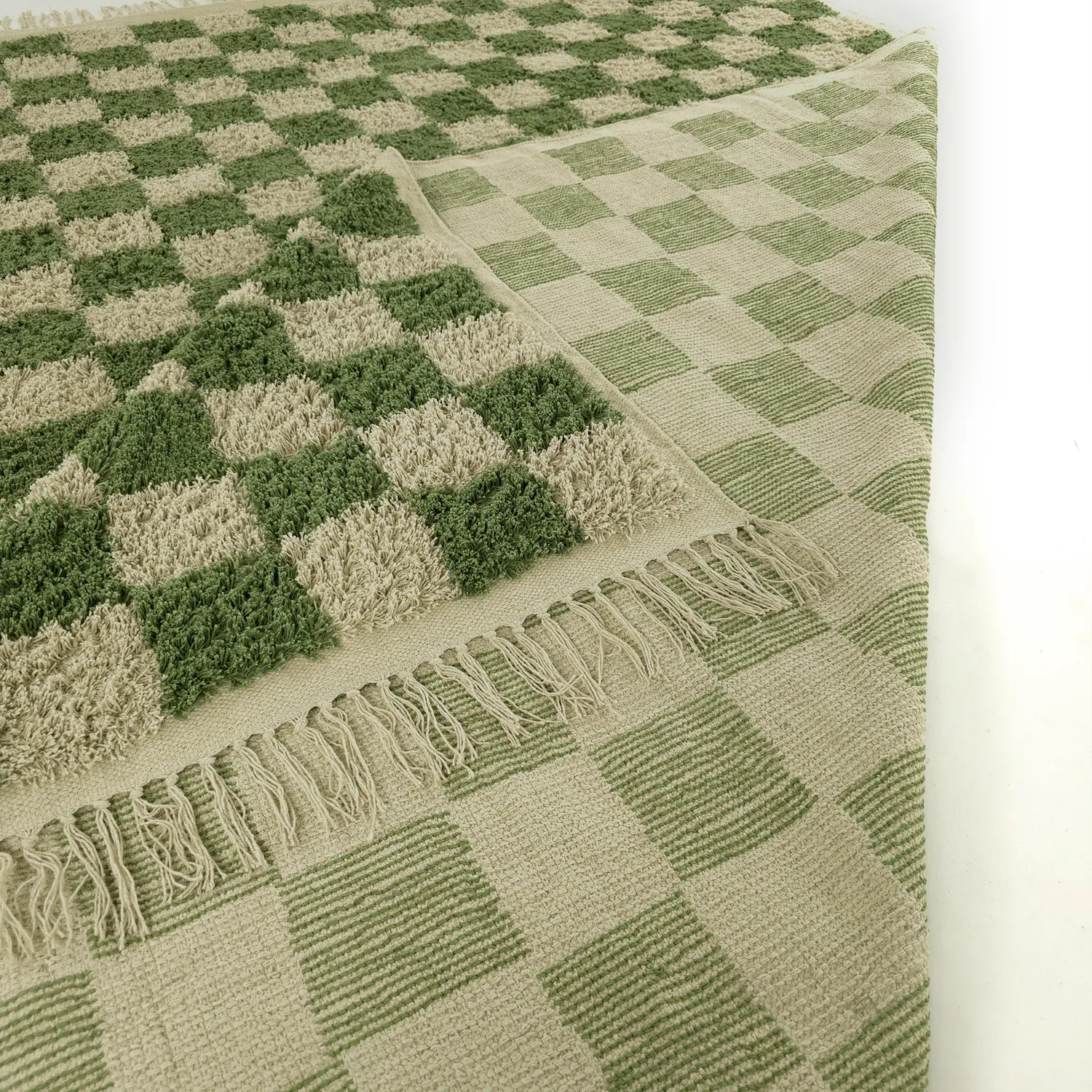 Ryatæpper - Elsey Natural Cotton Shaggy (grøn/beige)