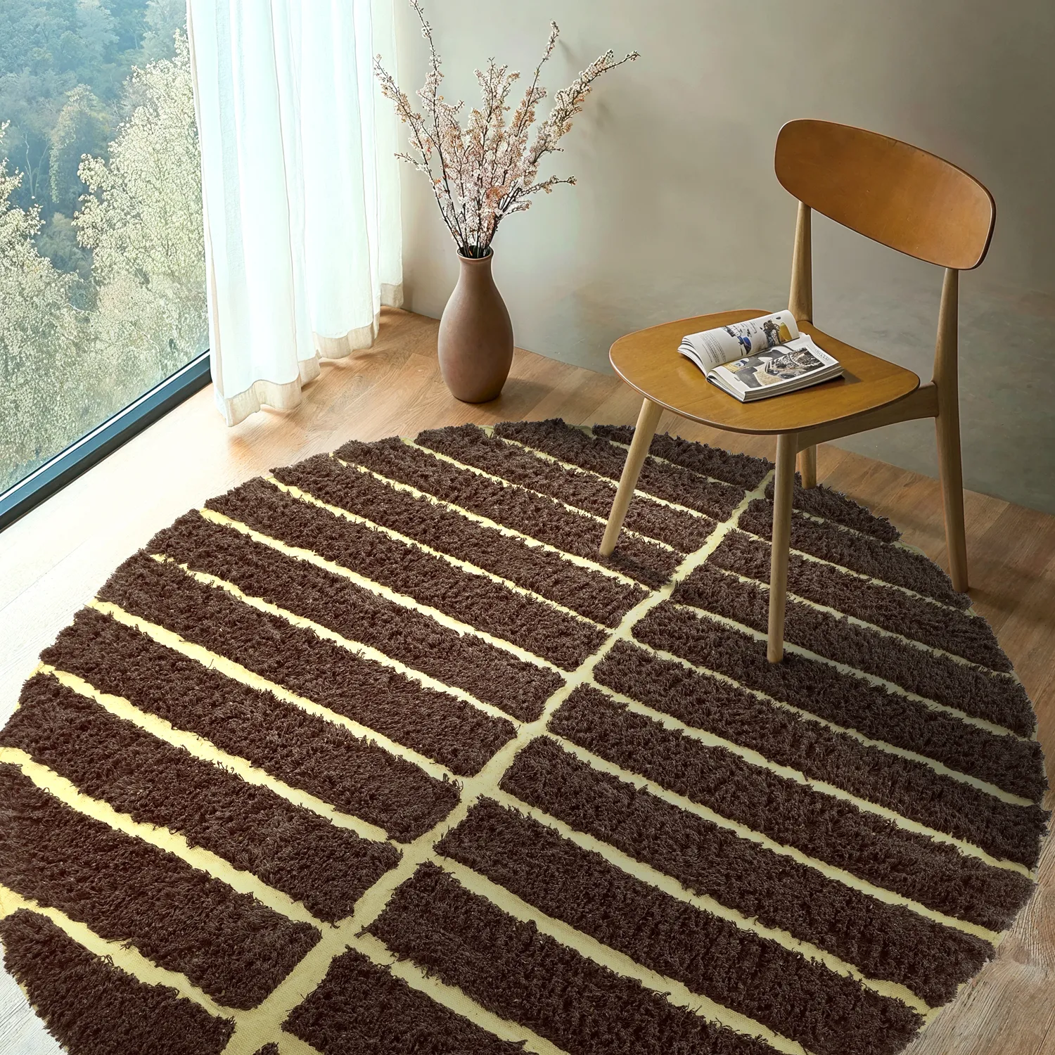 Rundt tæppe - Ikara Natural Cotton Shaggy (brun)