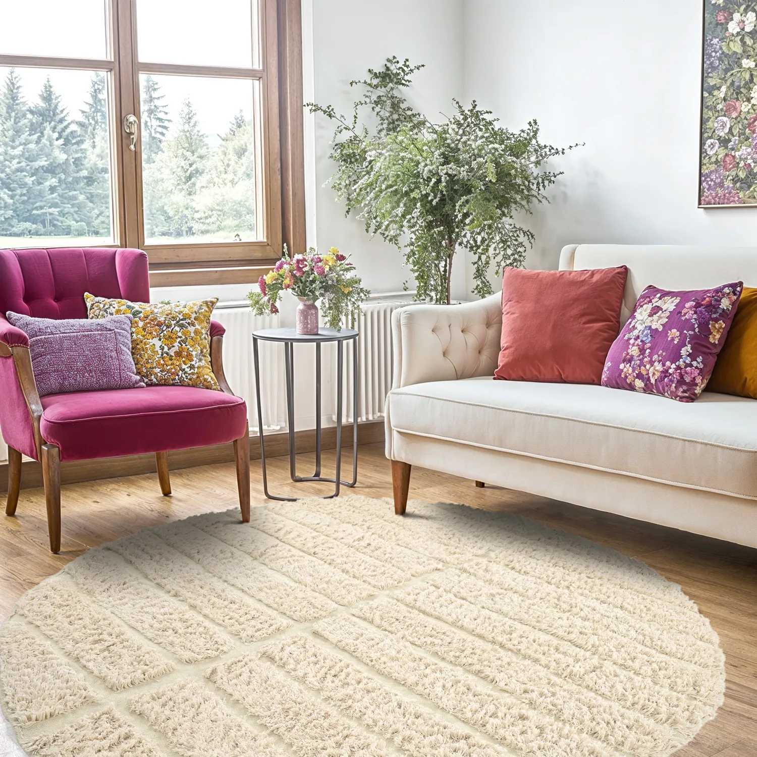 Rundt tæppe - Ikara Natural Cotton Shaggy (fløde)