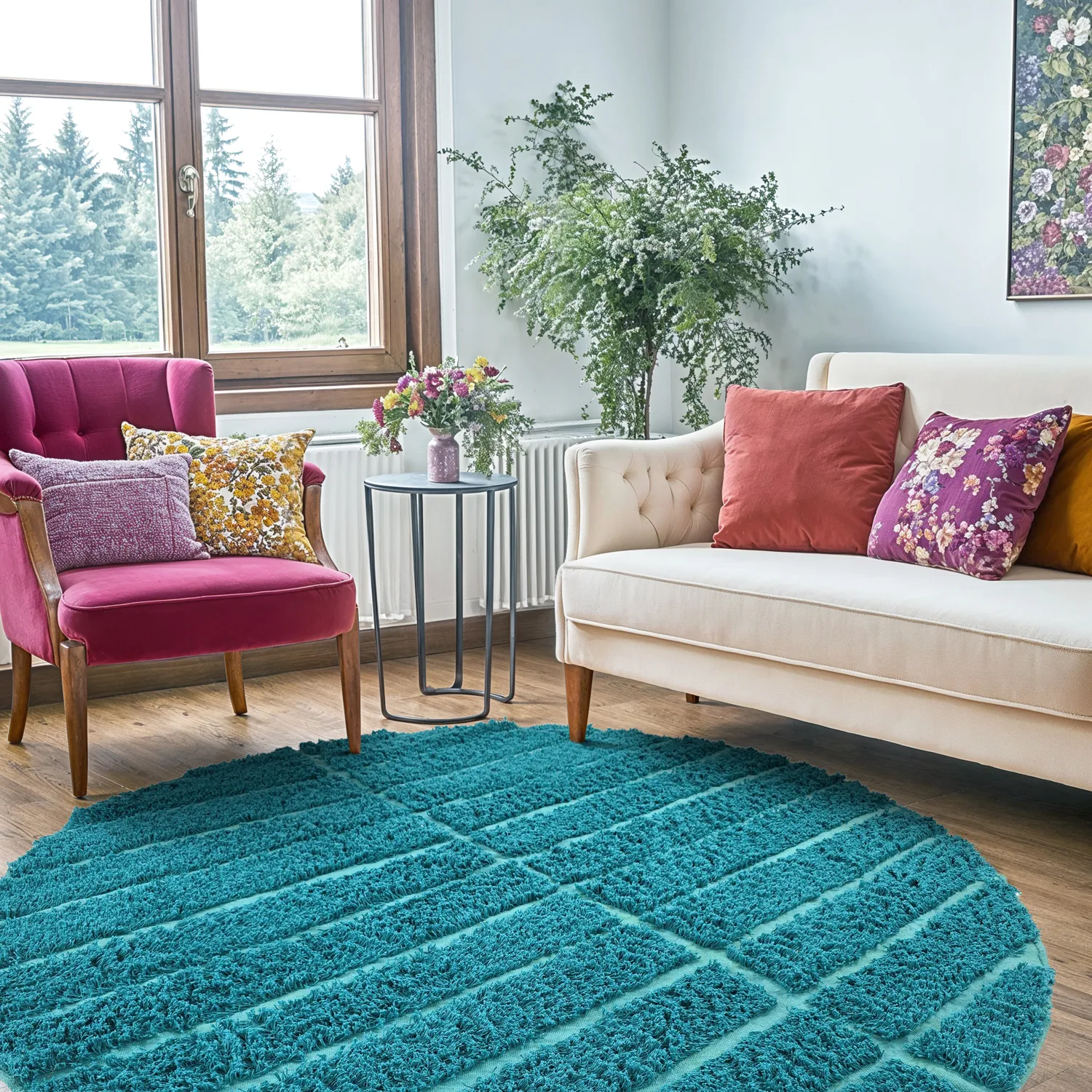 Rundt tæppe - Ikara Natural Cotton Shaggy (turkis)