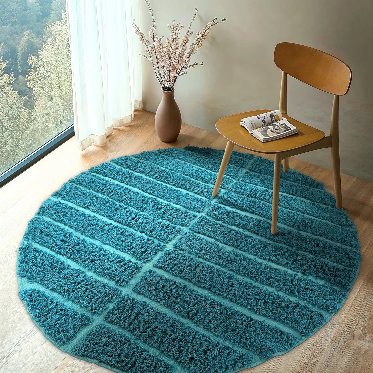 Rundt tæppe - Ikara Natural Cotton Shaggy (turkis)