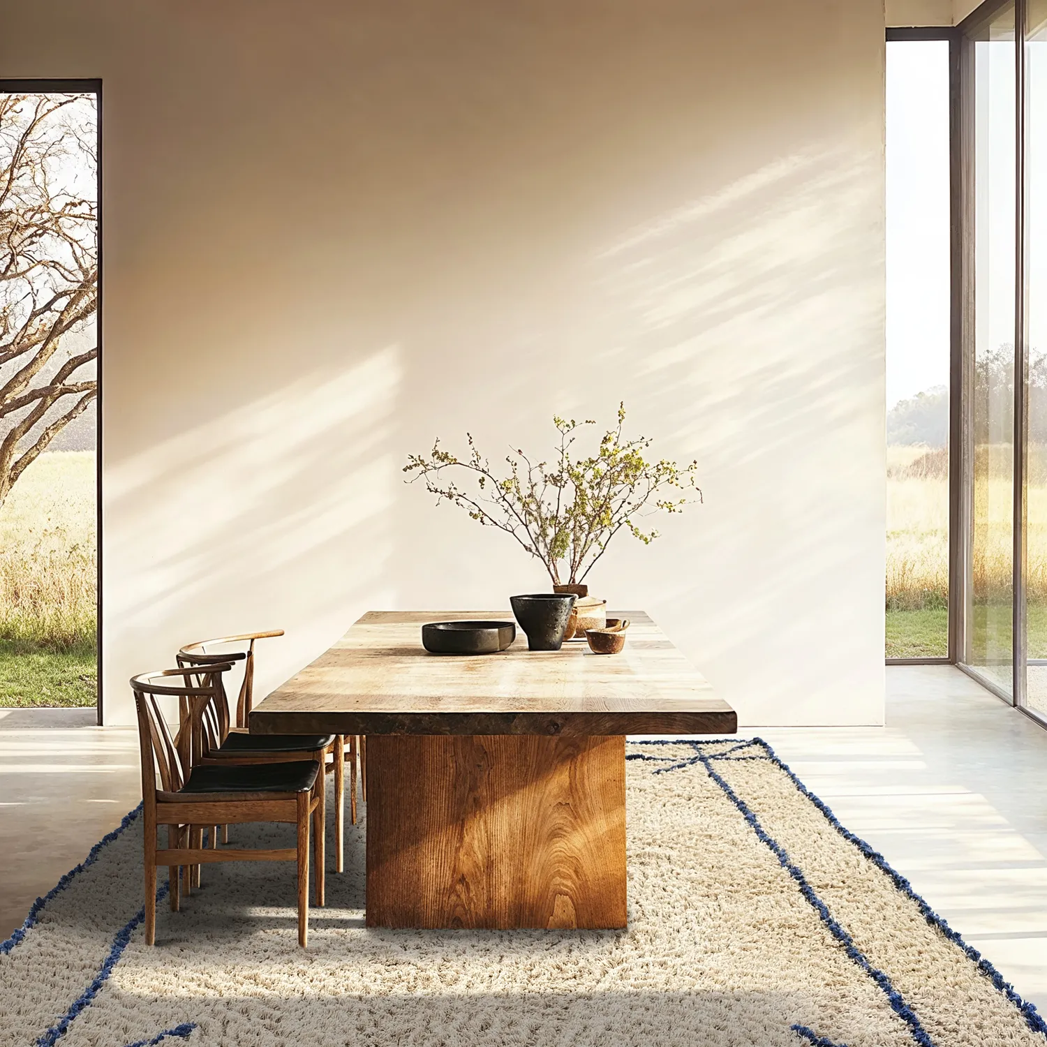 Ryatæpper - Kairi Natural Cotton Shaggy (beige/blå)