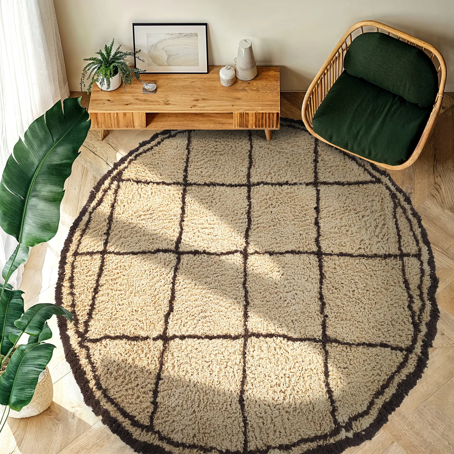 Rundt tæppe - Lana Natural Cotton Shaggy (beige/brun)