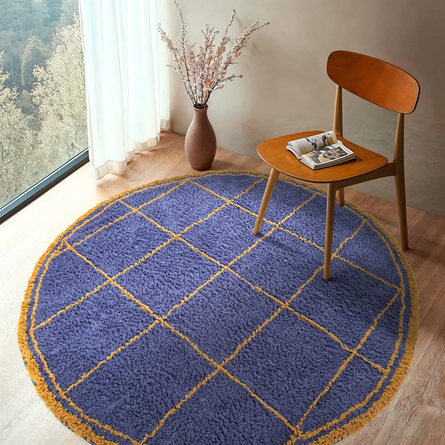 Rundt tæppe - Lana Natural Cotton Shaggy (blå/gul)