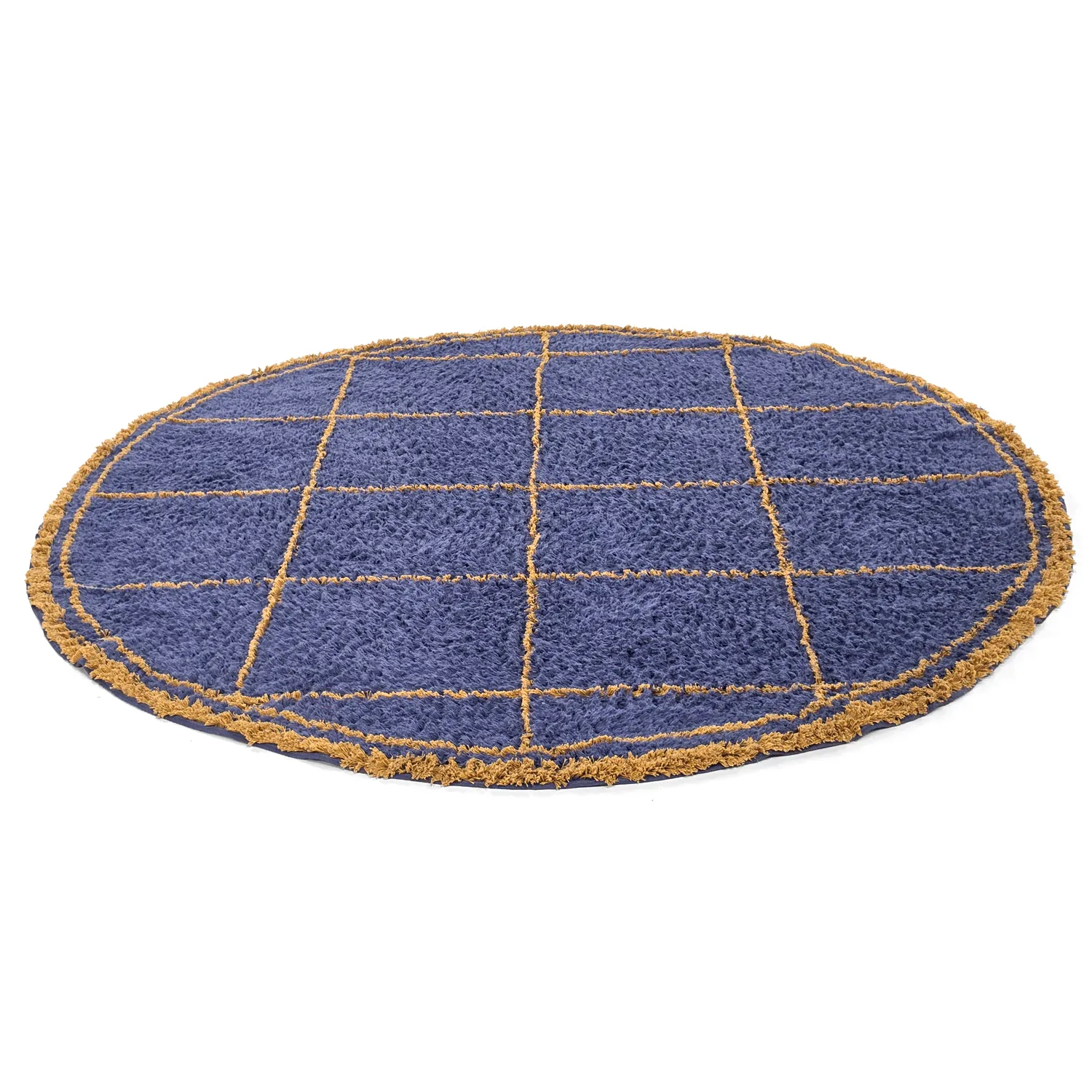 Rundt tæppe - Lana Natural Cotton Shaggy (blå/gul)