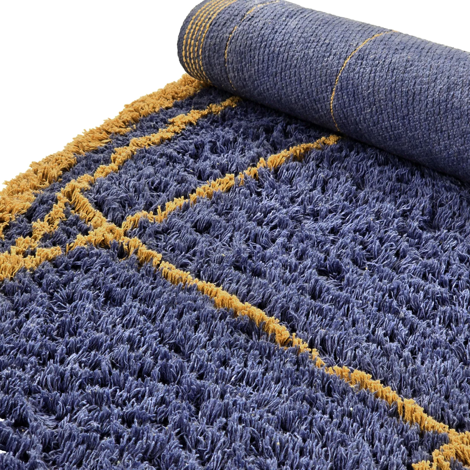 Rundt tæppe - Lana Natural Cotton Shaggy (blå/gul)