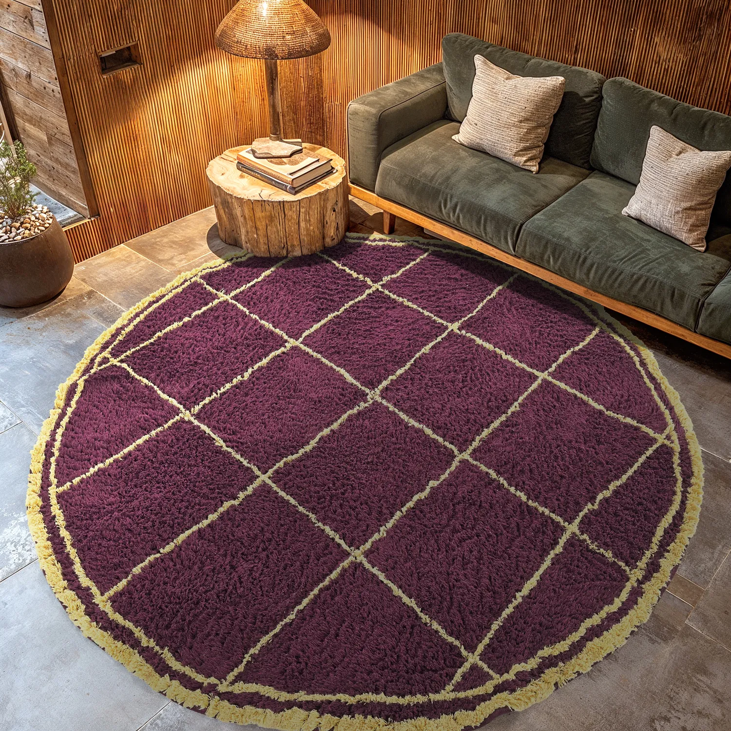 Rundt tæppe - Lana Natural Cotton Shaggy (bordeaux/gul)