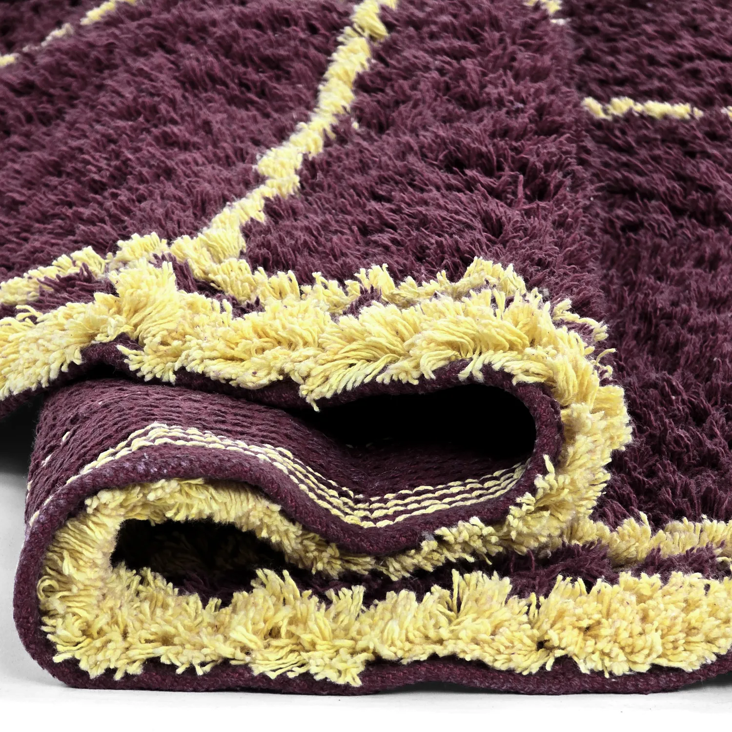 Rundt tæppe - Lana Natural Cotton Shaggy (bordeaux/gul)