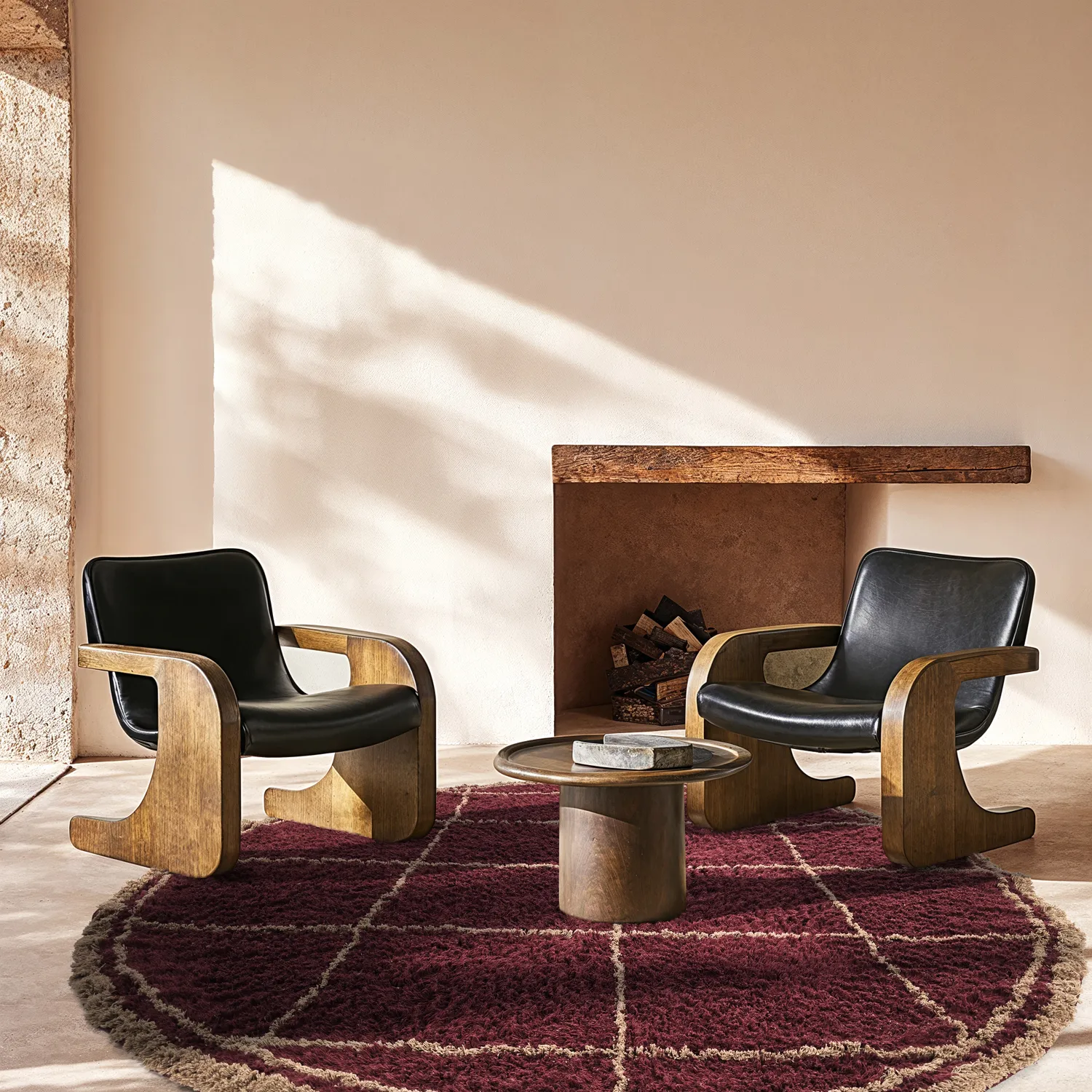 Rundt tæppe - Lana Natural Cotton Shaggy (taupe/rød)