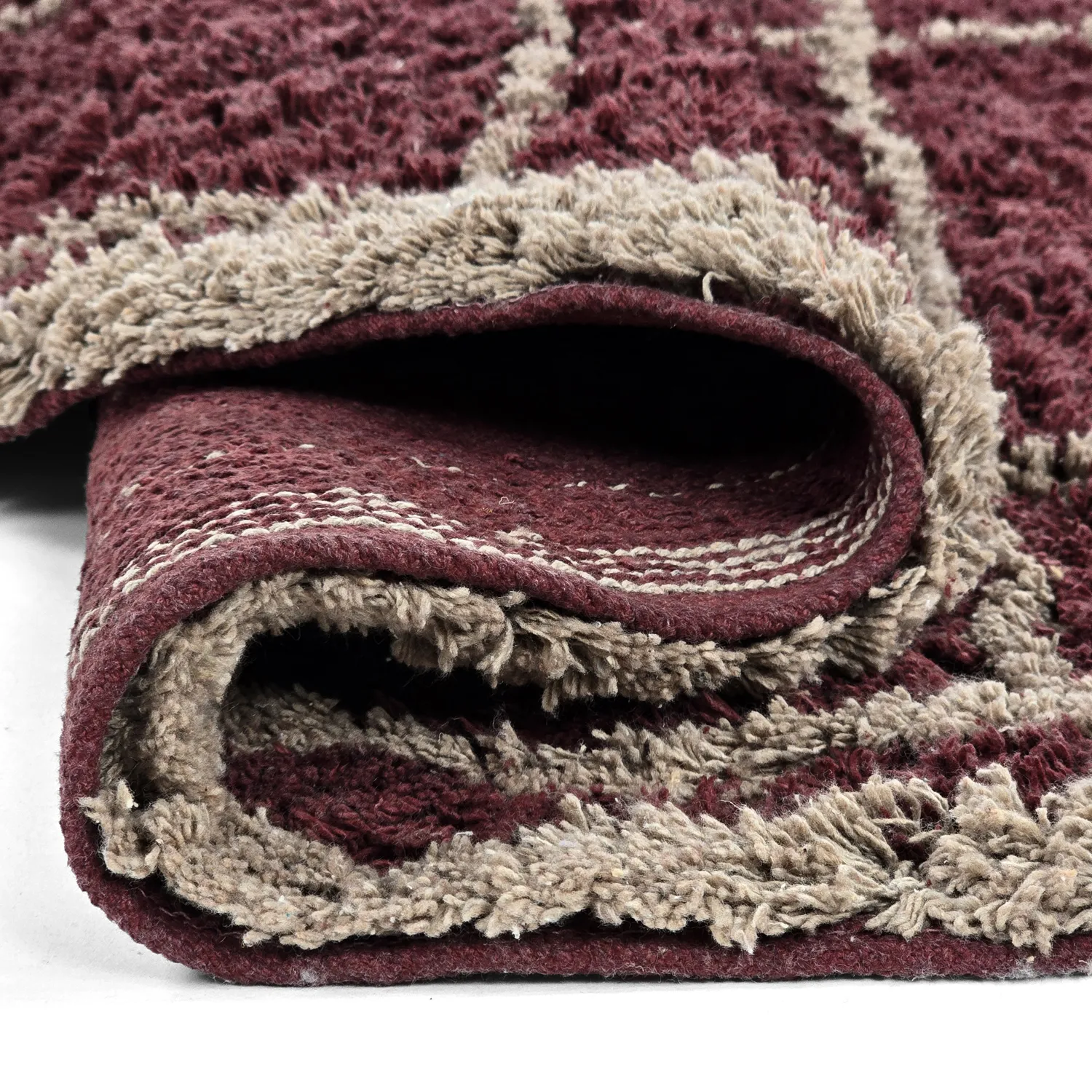 Rundt tæppe - Lana Natural Cotton Shaggy (taupe/rød)