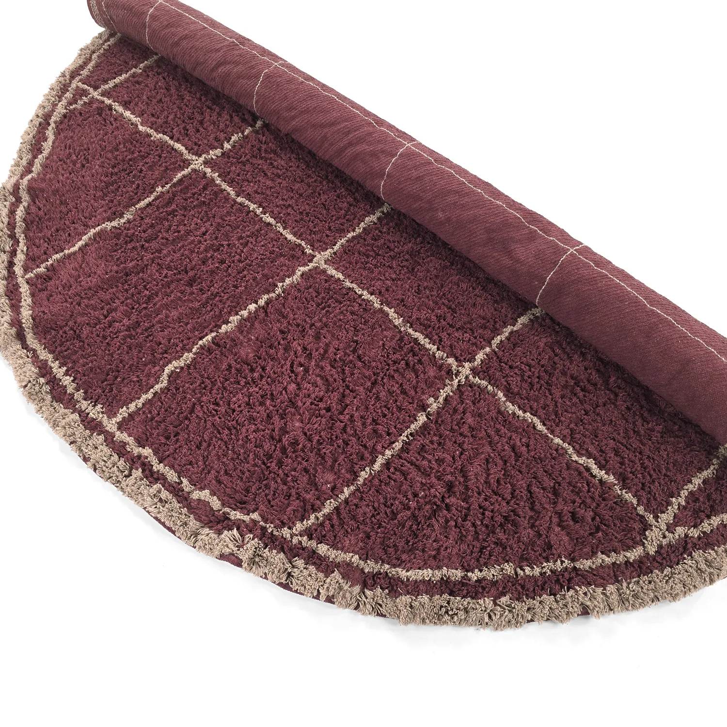 Rundt tæppe - Lana Natural Cotton Shaggy (taupe/rød)