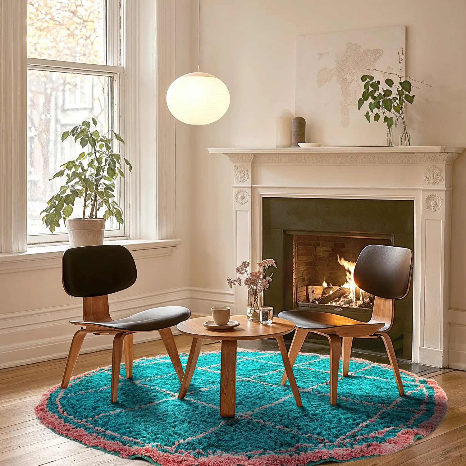 Rundt tæppe - Lana Natural Cotton Shaggy (turkis/pink)