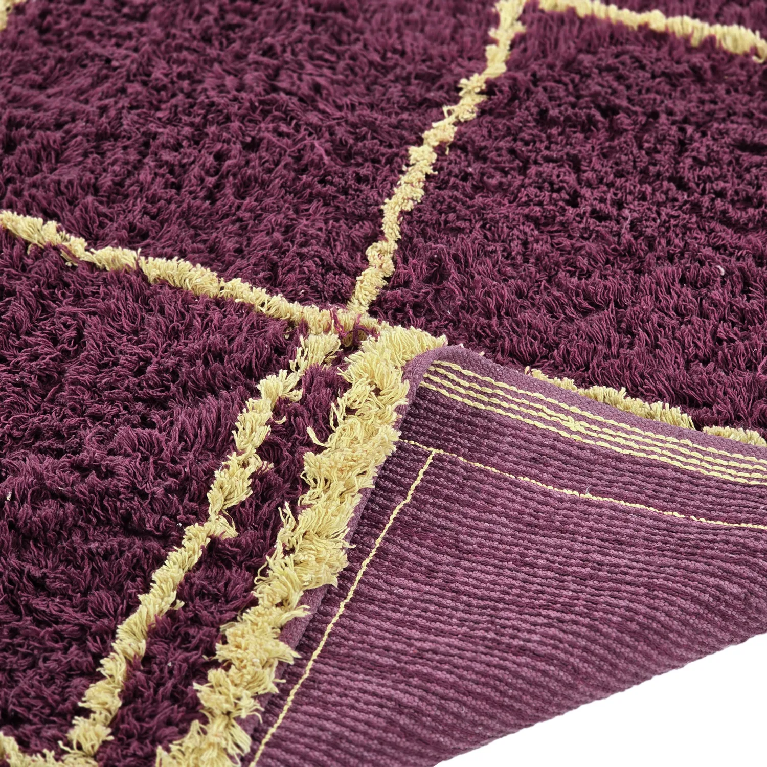 Ryatæpper - Lana Natural Cotton Shaggy (bordeaux/gul)