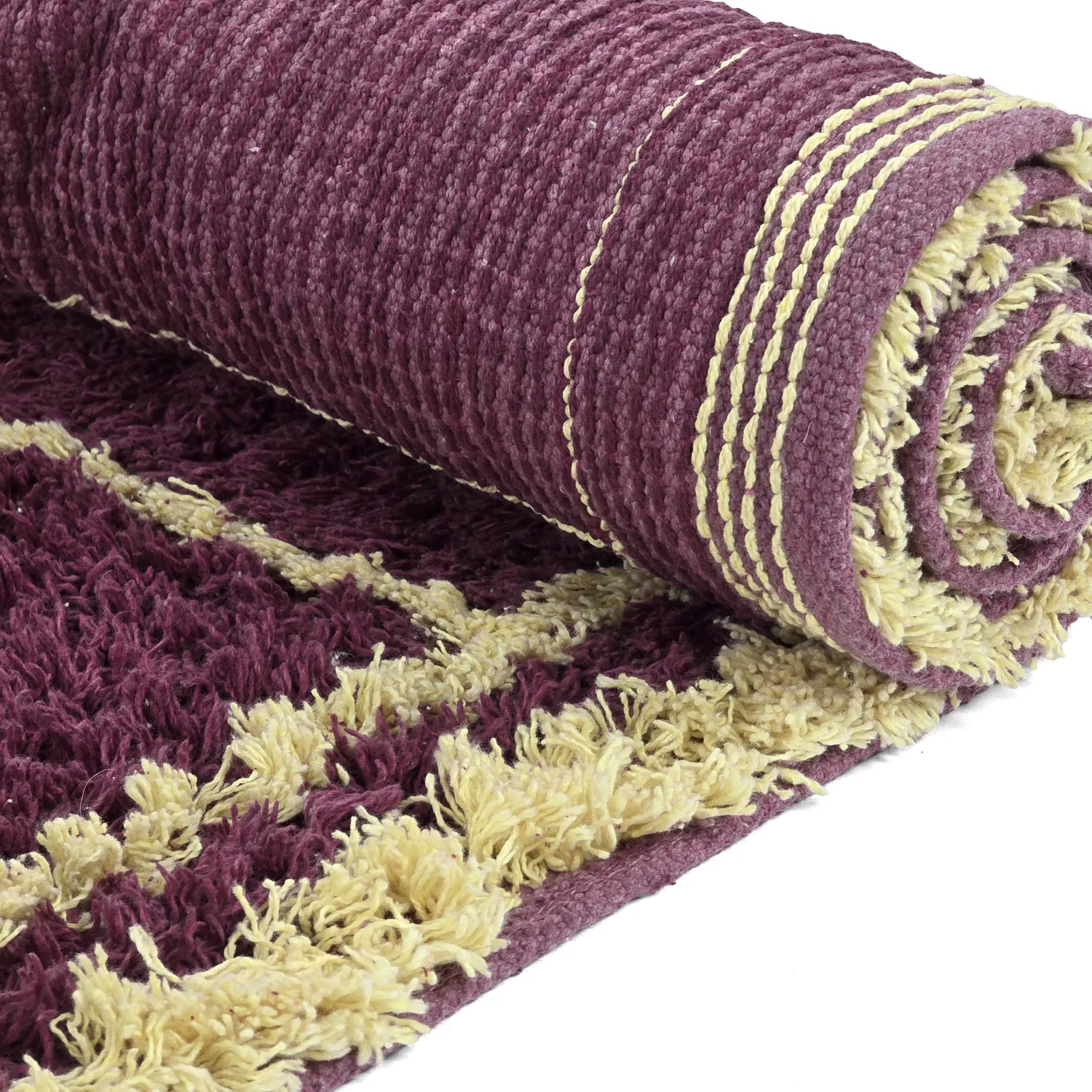 Ryatæpper - Lana Natural Cotton Shaggy (bordeaux/gul)