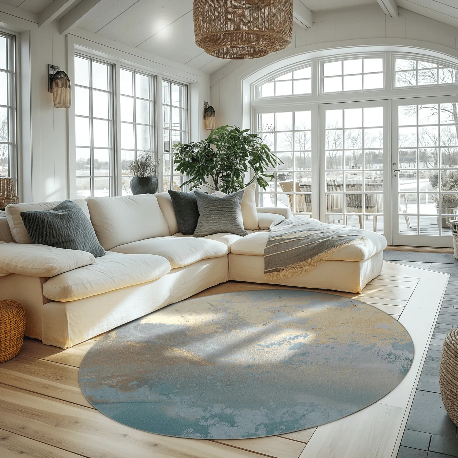 Rundt tæppe - Lesley (blå/grå/turkis)